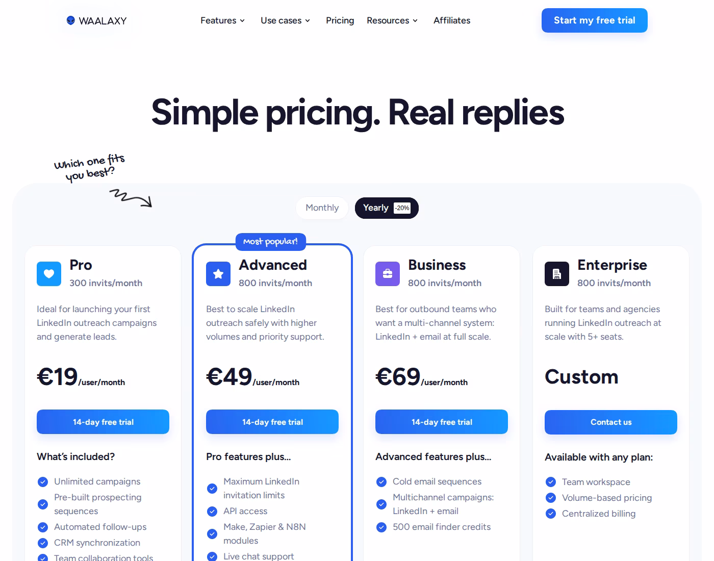 Waalaxy pricing page showing Pro at 19 euros, Advanced at 49 euros, Business at 69 euros per user per month on yearly billing