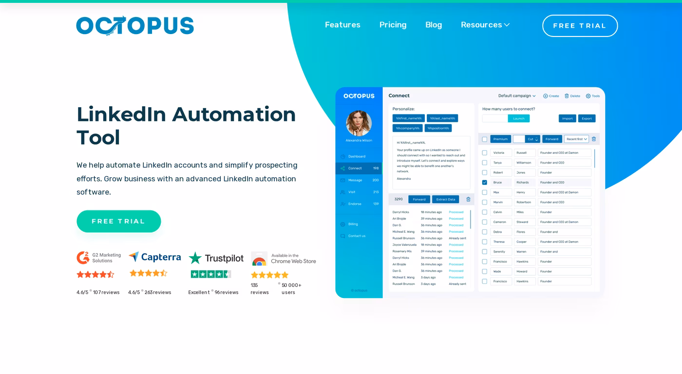Octopus CRM homepage hero showing the LinkedIn Automation Tool tagline