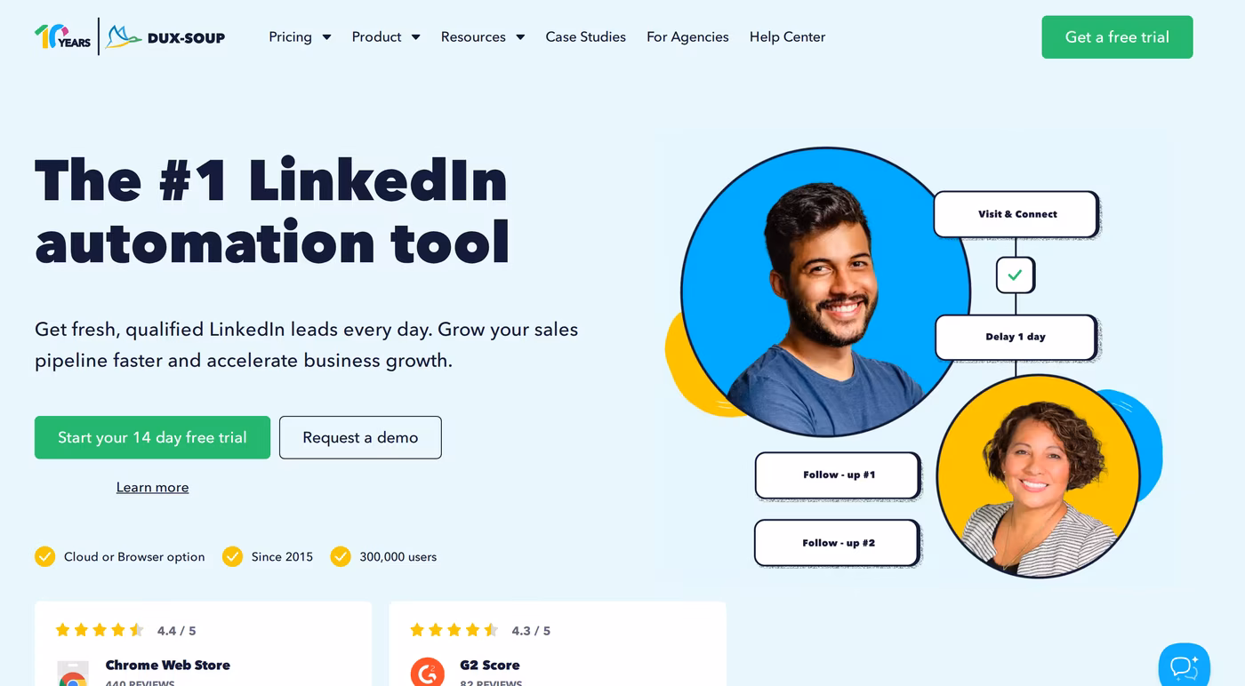 Dux-Soup homepage hero showing The #1 LinkedIn automation tool tagline