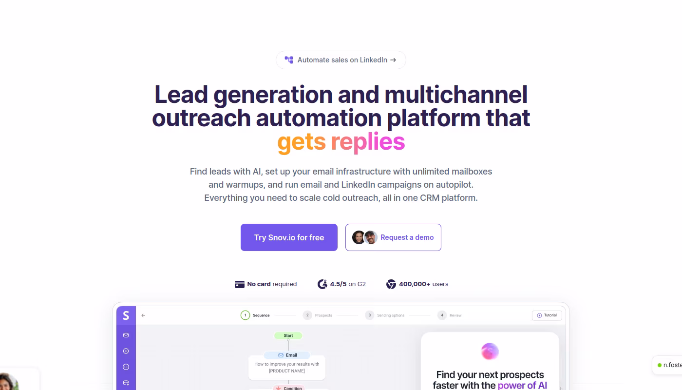 Snov.io homepage showing the lead generation and multichannel outreach platform