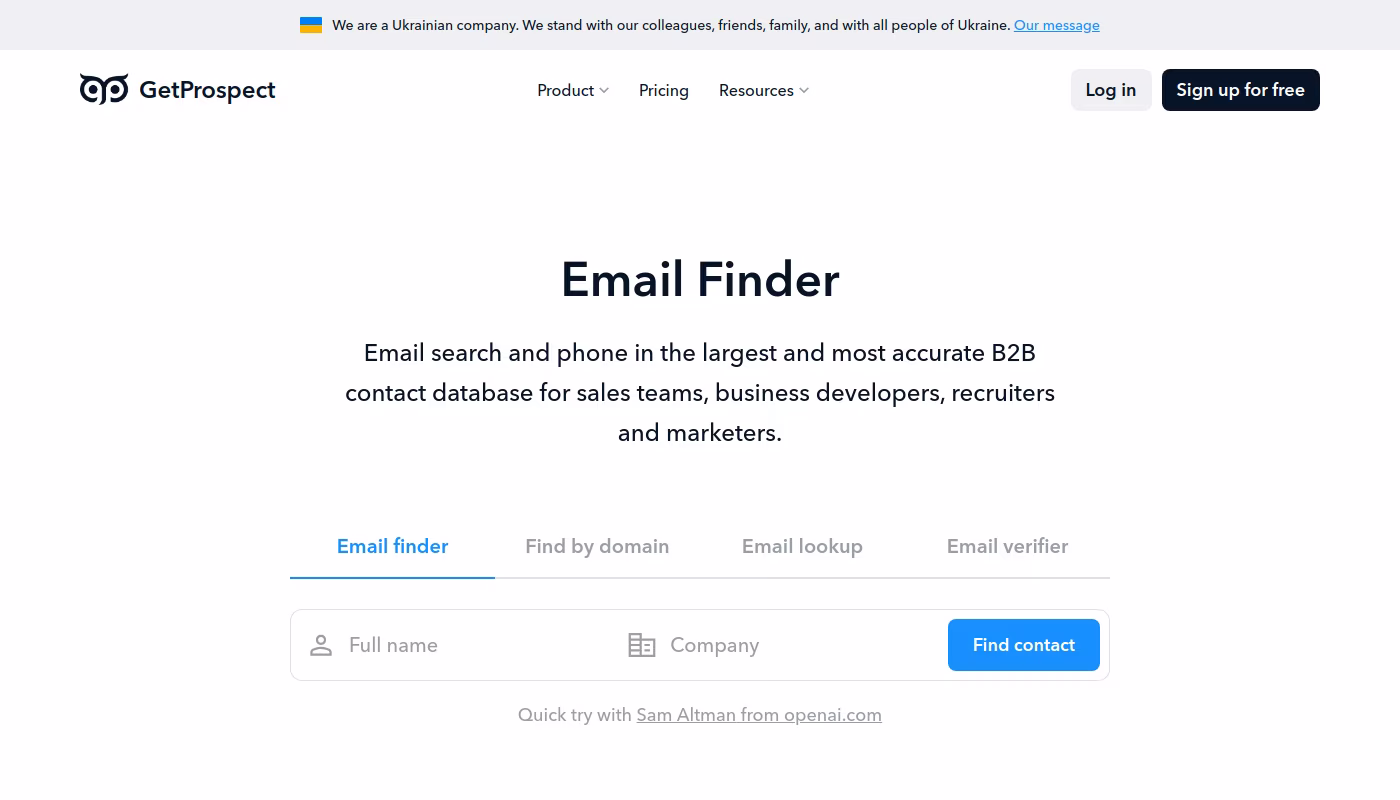 GetProspect homepage showing the email finder product