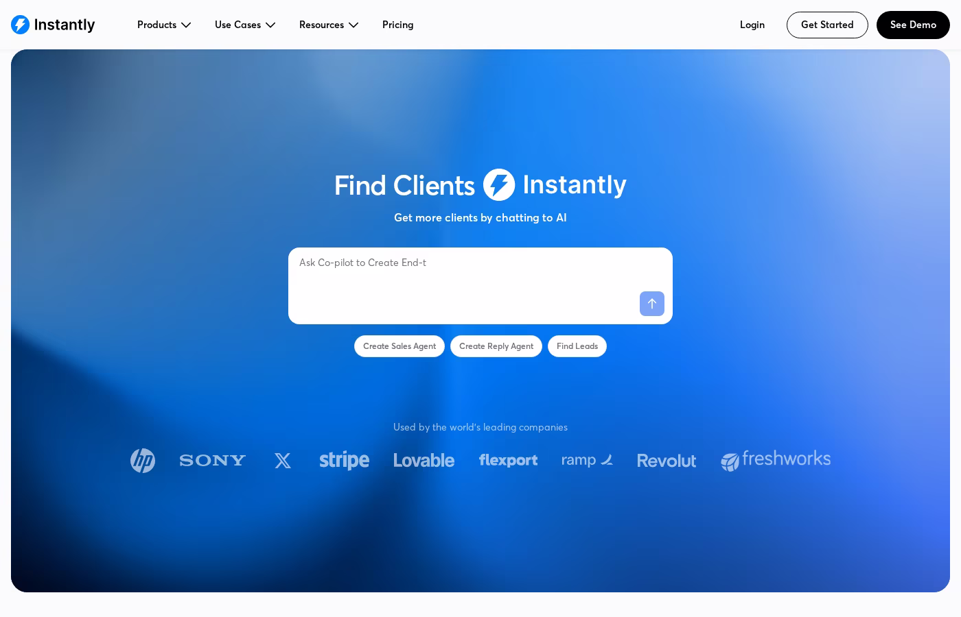 Instantly homepage hero showing the AI-chat-based product positioning