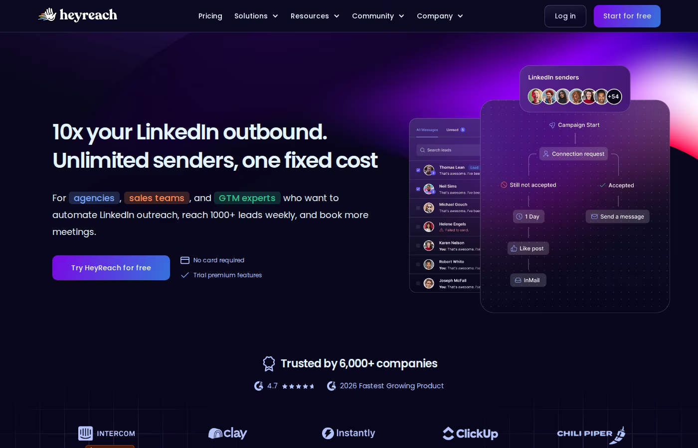 HeyReach homepage hero with the tagline 10x your LinkedIn outbound