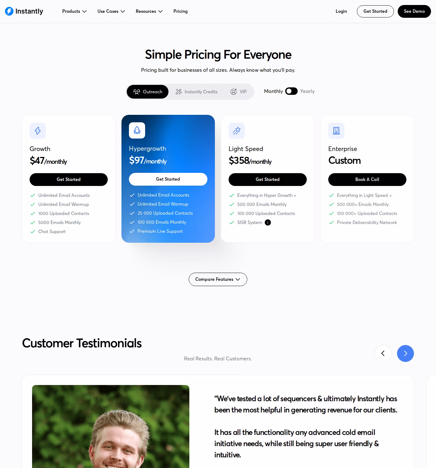 Instantly pricing page showing Growth $47, Hypergrowth $97, Light Speed $358 plans