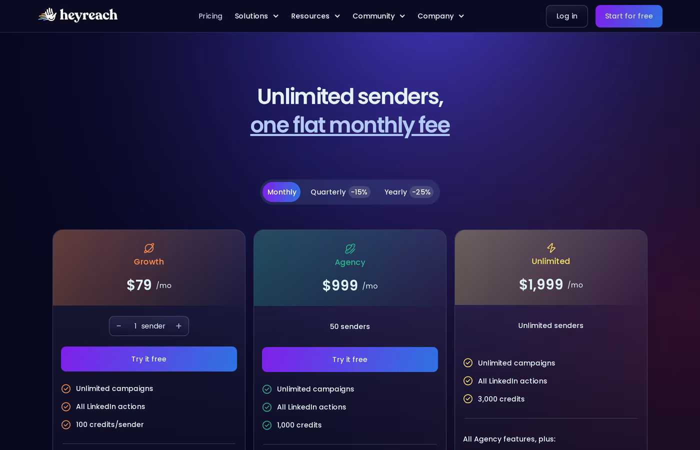 HeyReach pricing page showing Growth at $79/mo, Agency at $999/mo for 50 senders, Unlimited at $1,999/mo