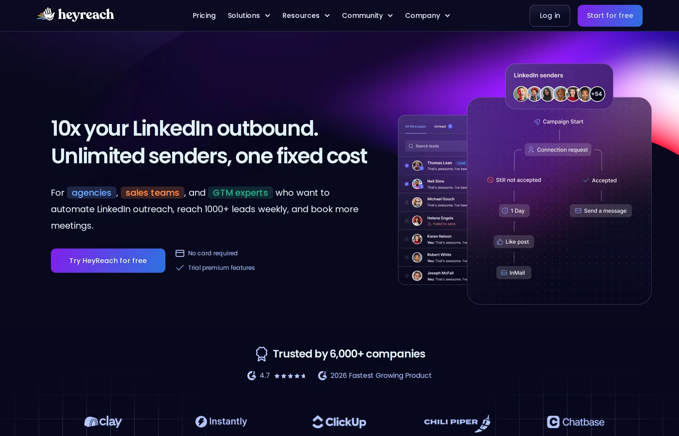 HeyReach homepage showing "10x your LinkedIn outbound. Unlimited senders, one fixed cost" positioning