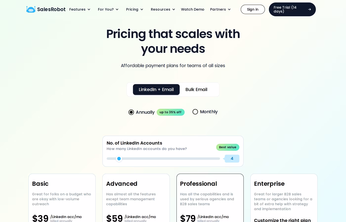 SalesRobot pricing page showing Basic $39, Advanced $59, Professional $79 per LinkedIn account billed annually