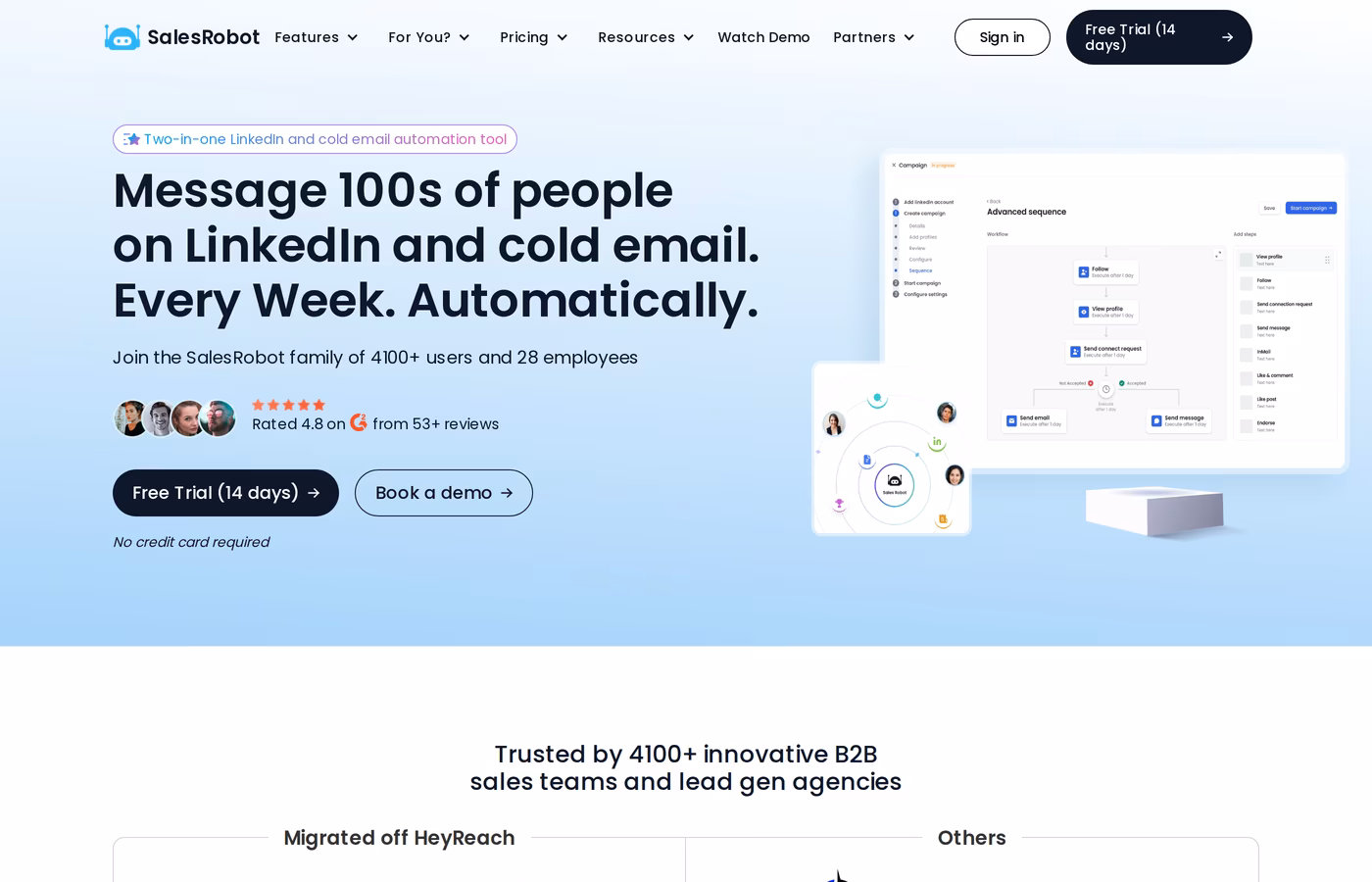 SalesRobot homepage showing "Message 100s of people on LinkedIn and cold email. Every Week. Automatically." tagline