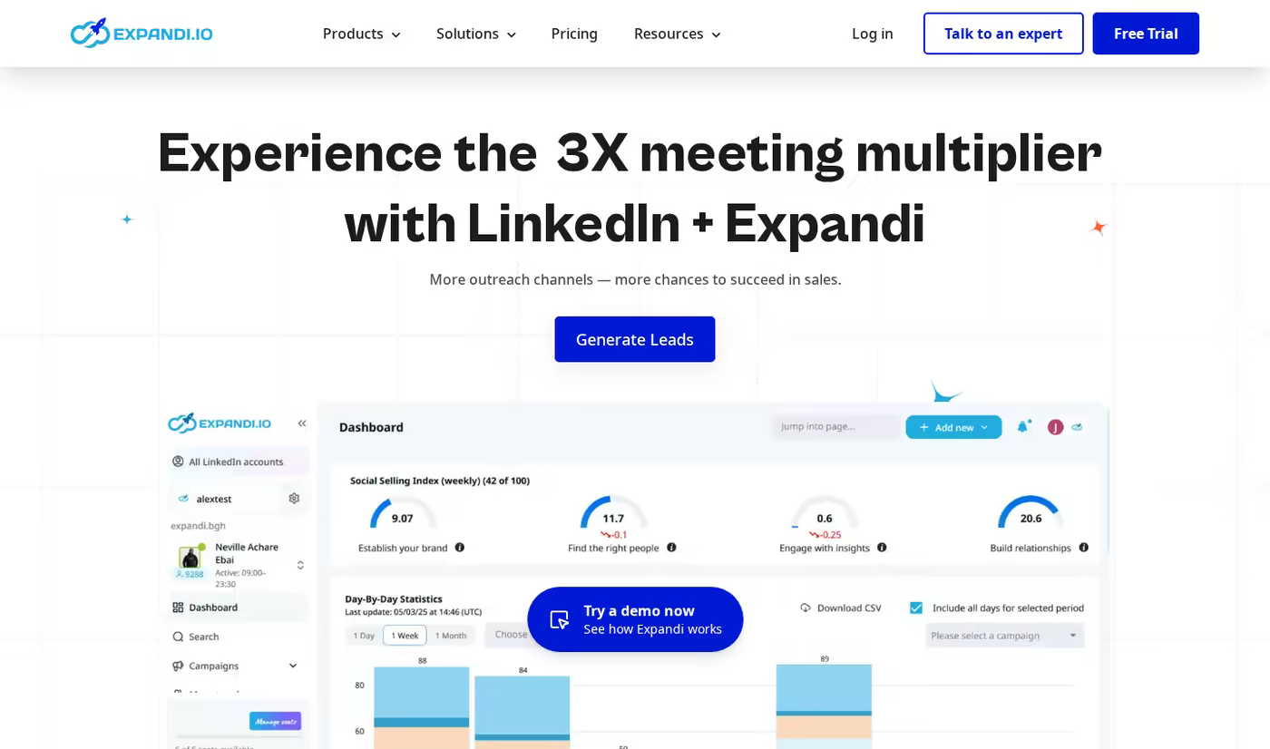 Expandi homepage showing 3X meeting multiplier with LinkedIn plus Expandi headline