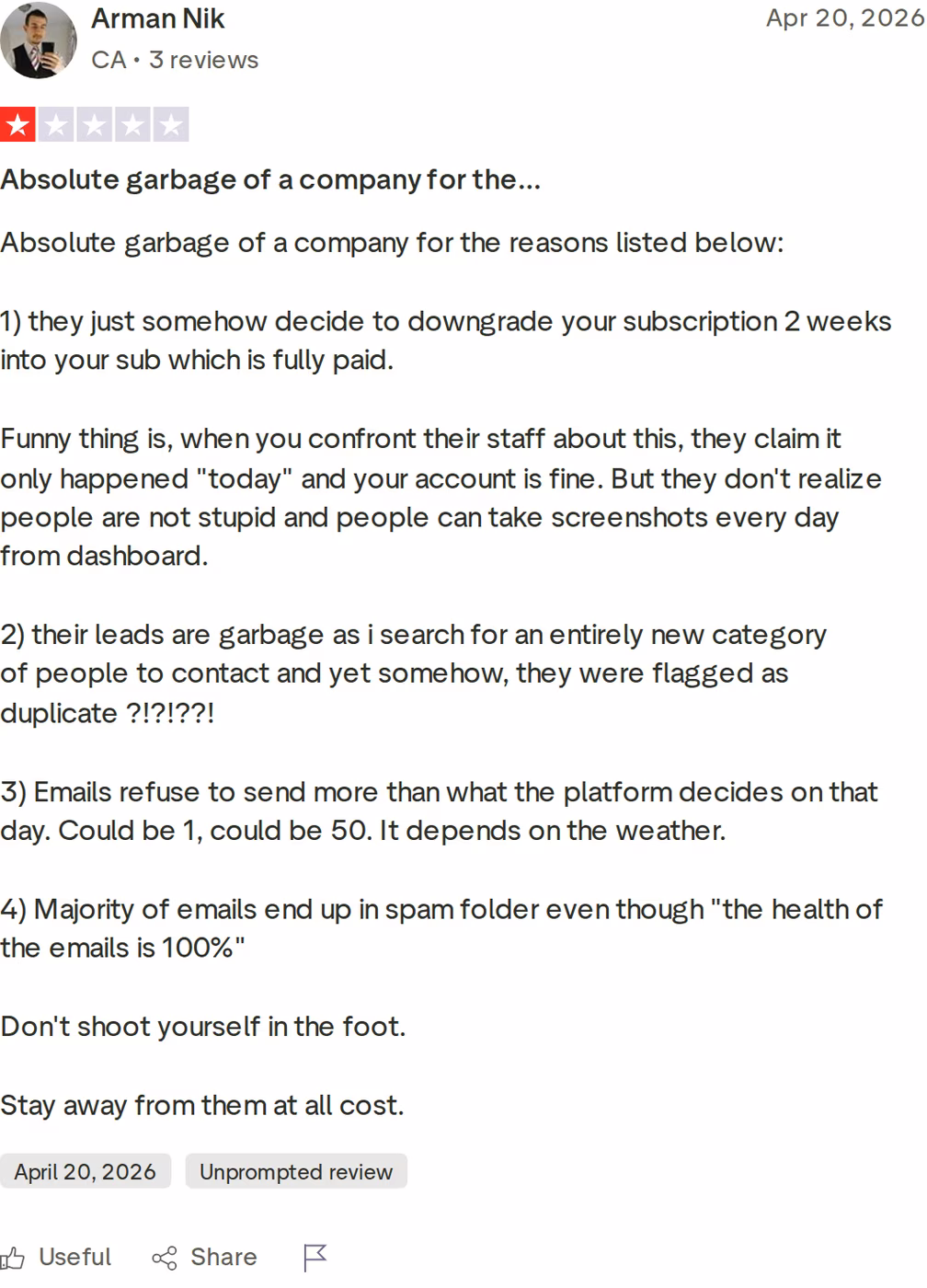 One-star Trustpilot review of Instantly.ai describing subscription downgrade, lead quality and deliverability issues