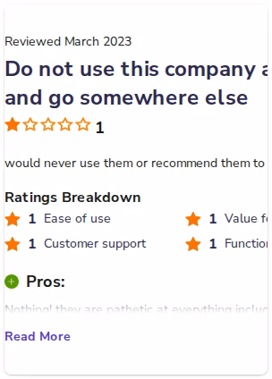 1-star Salesflow review from Software Advice citing customer service issues and recommending against the product