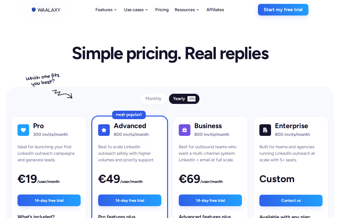Waalaxy pricing page showing Pro, Advanced, and Business plans