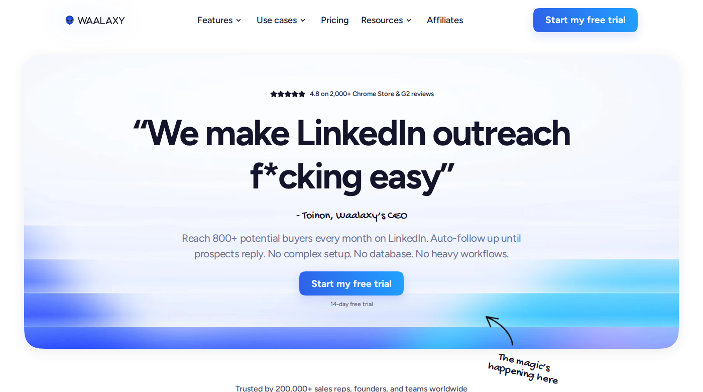 Waalaxy homepage hero showing LinkedIn automation product positioning