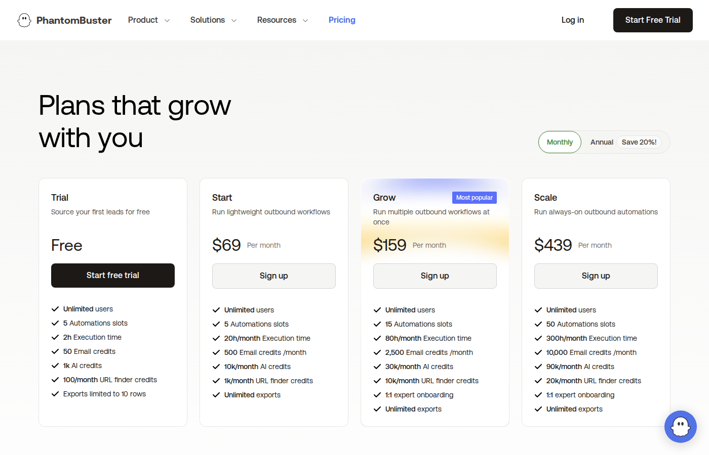 PhantomBuster pricing page showing Start, Grow, and Scale plans