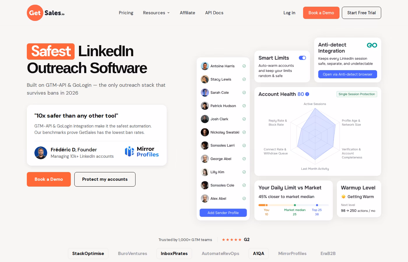 GetSales.io homepage positioning as Safest LinkedIn Outreach Software