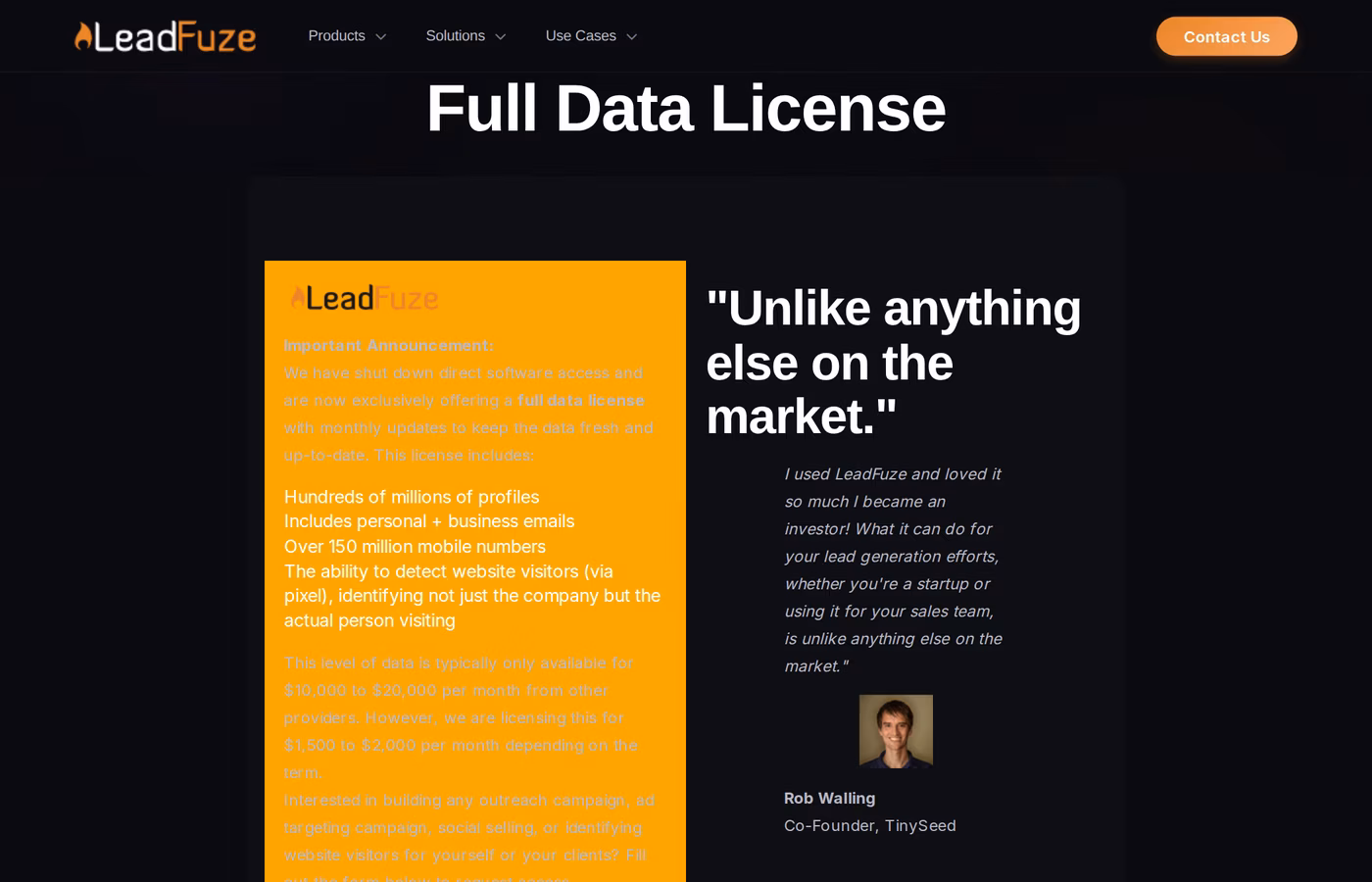LeadFuze pricing page showing the announcement they have shut down direct software access and the Full Data License at 1500 to 2000 dollars per month