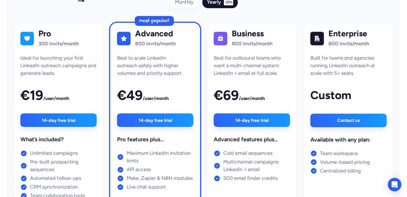 Waalaxy pricing page screenshot showing Pro €19, Advanced €49, and Business €69 per user per month plans