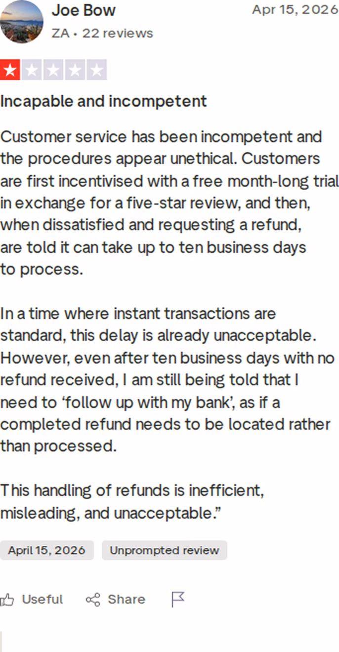 A 1-star Trustpilot review of Waalaxy from April 2026 describing incentivised reviews and slow refund processing