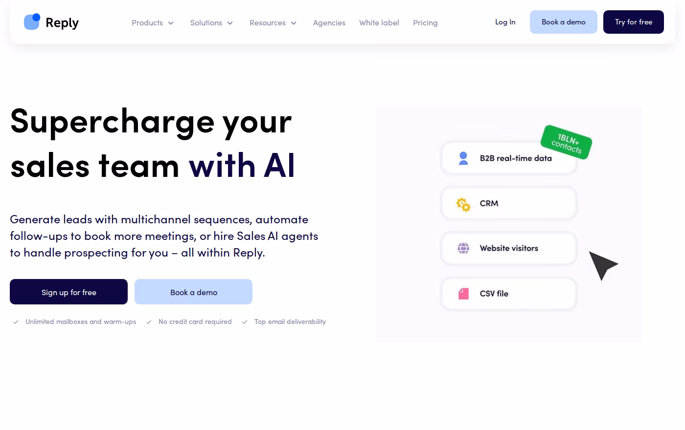 Reply.io homepage - multichannel sales engagement with AI