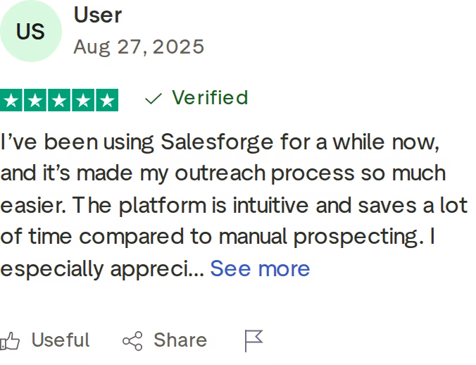 Verified 5-star Salesforge review on Trustpilot, August 27 2025