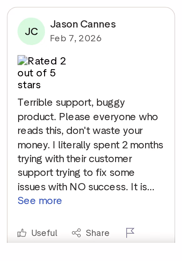 Smartlead 2-star Trustpilot review by Jason Cannes describing terrible support and a buggy product