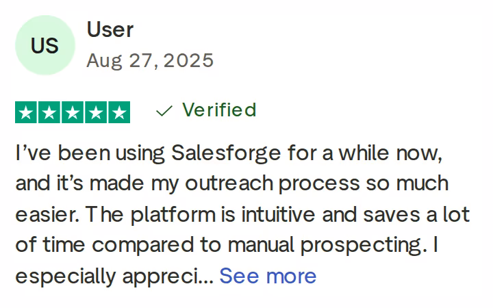 Verified 5-star Salesforge Trustpilot review praising the intuitive platform and time saved over manual prospecting