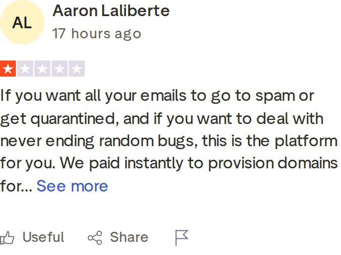 One-star Trustpilot review of Instantly by Aaron Laliberte citing emails going to spam and quarantine