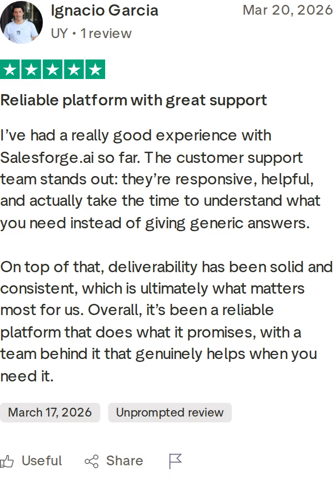 Five-star Trustpilot review of Salesforge titled Reliable platform with great support