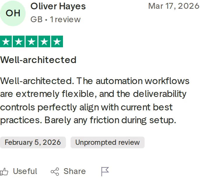Five-star Trustpilot review of Salesforge titled Well-architected praising flexible automation and deliverability controls