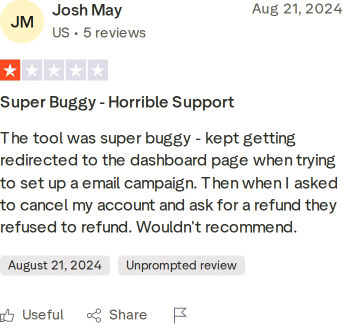 One-star Trustpilot review of Mailshake by Josh May titled Super Buggy Horrible Support