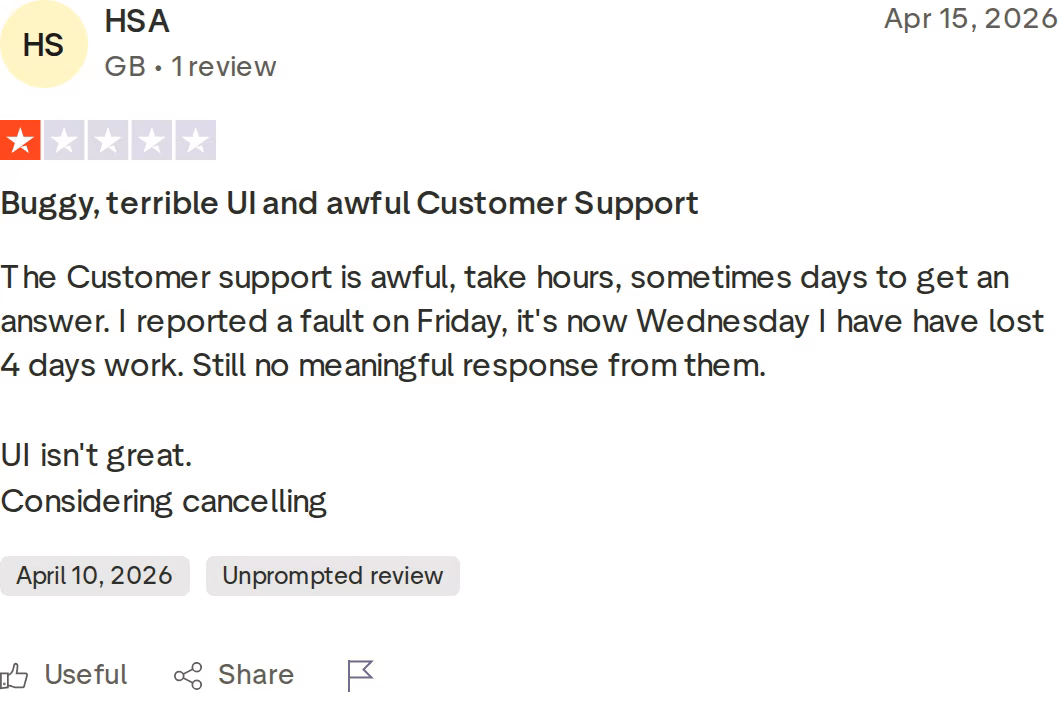 Lemlist 1-star Trustpilot review titled Buggy, terrible UI and awful Customer Support, dated April 2026