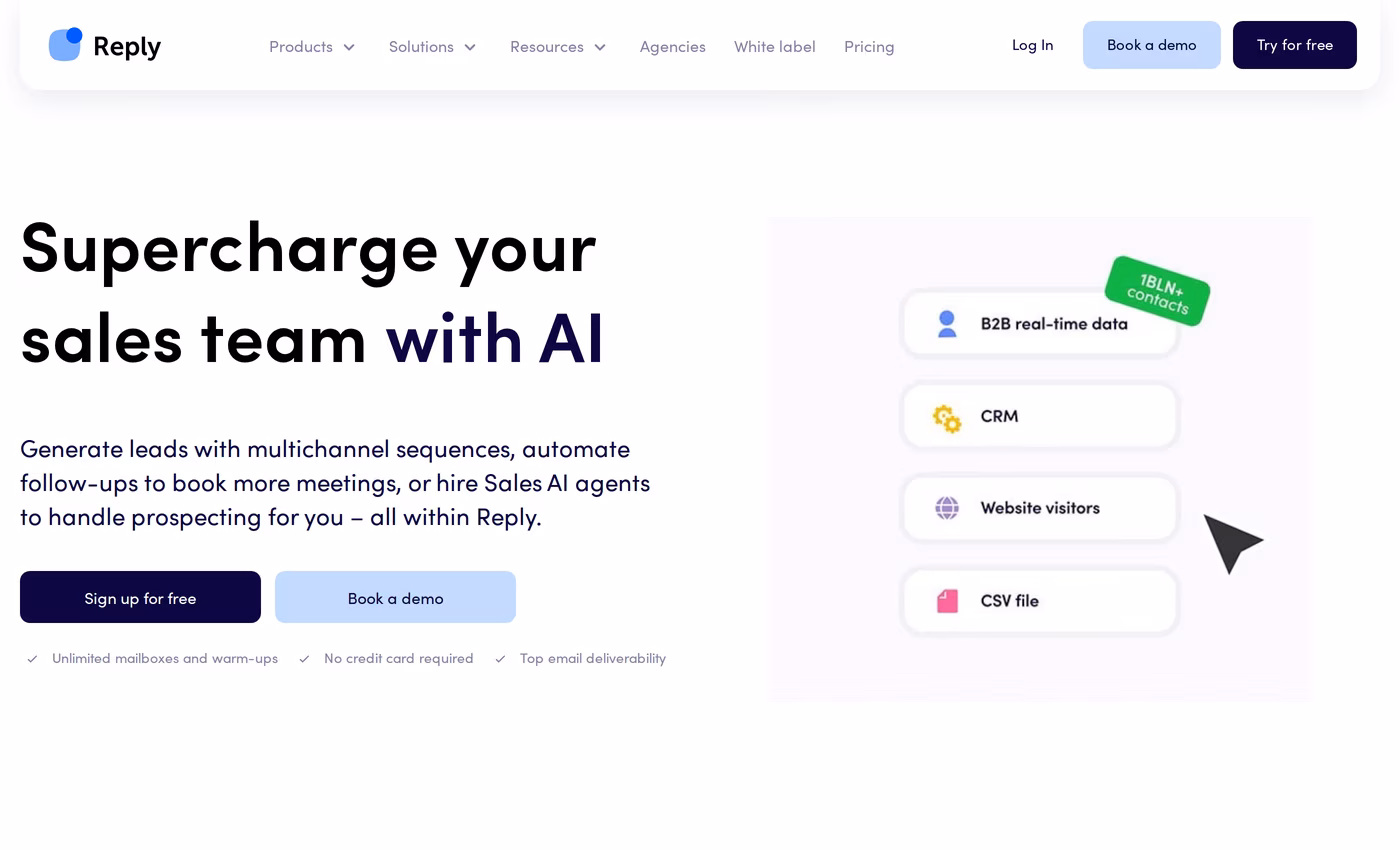 Reply.io homepage hero - Supercharge your sales team with AI, multichannel sequences and AI agents