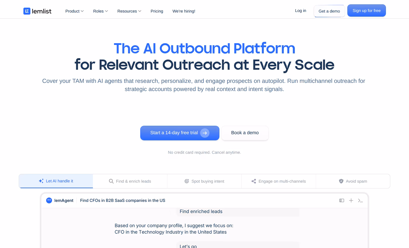 Lemlist homepage hero - The AI Outbound Platform for Relevant Outreach at Every Scale