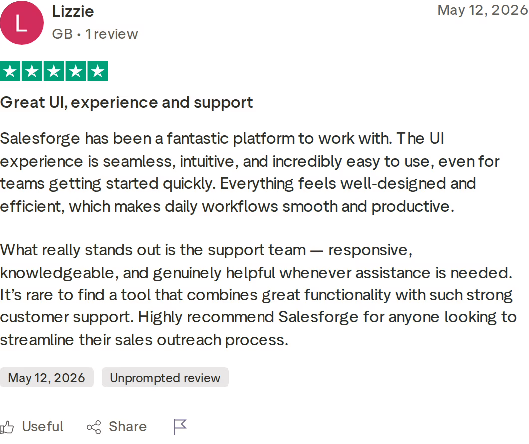 Salesforge 5-star Trustpilot review titled Great UI, experience and support, dated May 2026