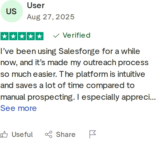 A verified 5-star Salesforge review on Trustpilot praising how it simplified outreach