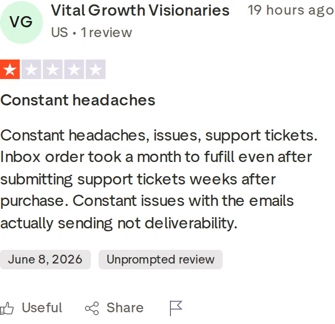 One-star Smartlead Trustpilot review titled Constant headaches citing support tickets and sending issues
