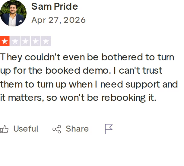 One-star Woodpecker Trustpilot review describing a no-show for a booked demo