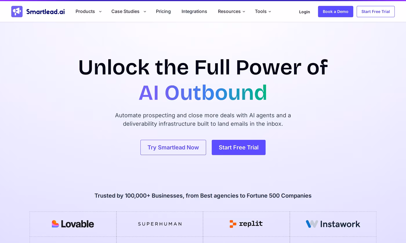 Smartlead homepage showing its AI outbound and deliverability positioning