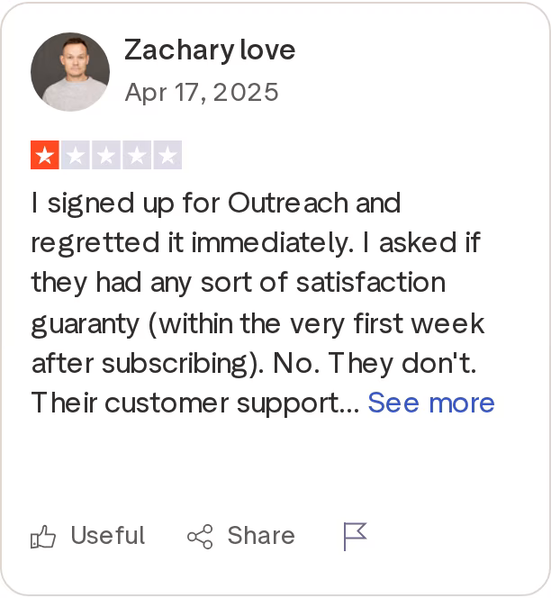 A 1-star Outreach.io Trustpilot review about regretting the purchase and no satisfaction guarantee