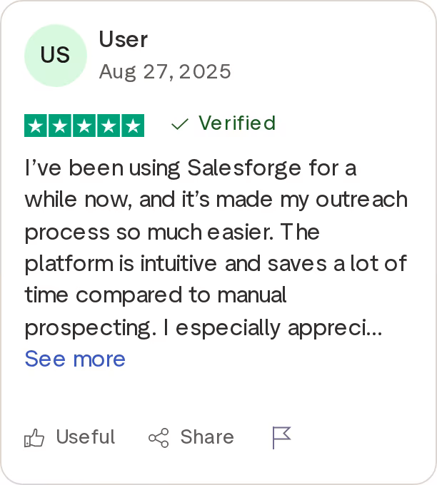 A verified 5-star Salesforge Trustpilot review praising an easier, faster outreach process