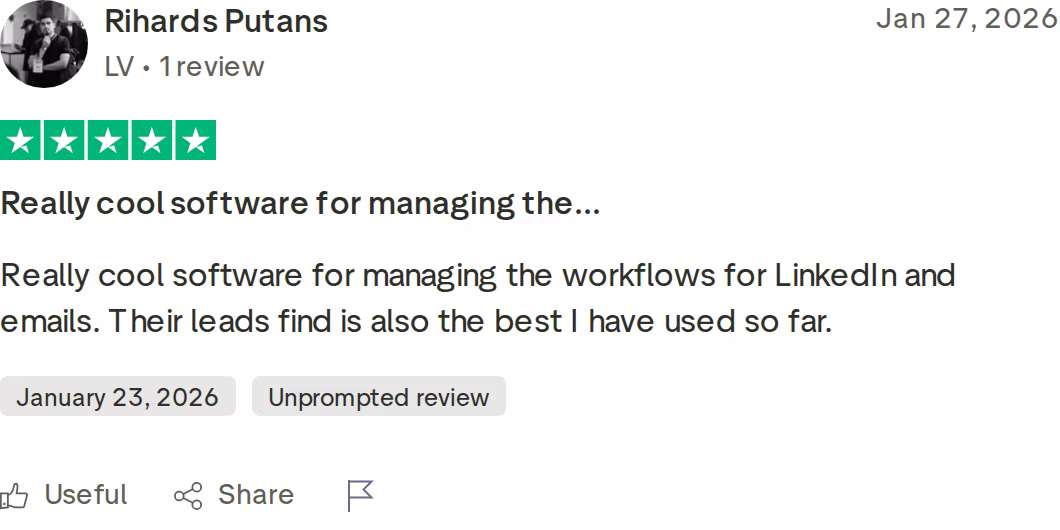 Salesforge 5-star Trustpilot review praising LinkedIn and email workflows and the lead finder
