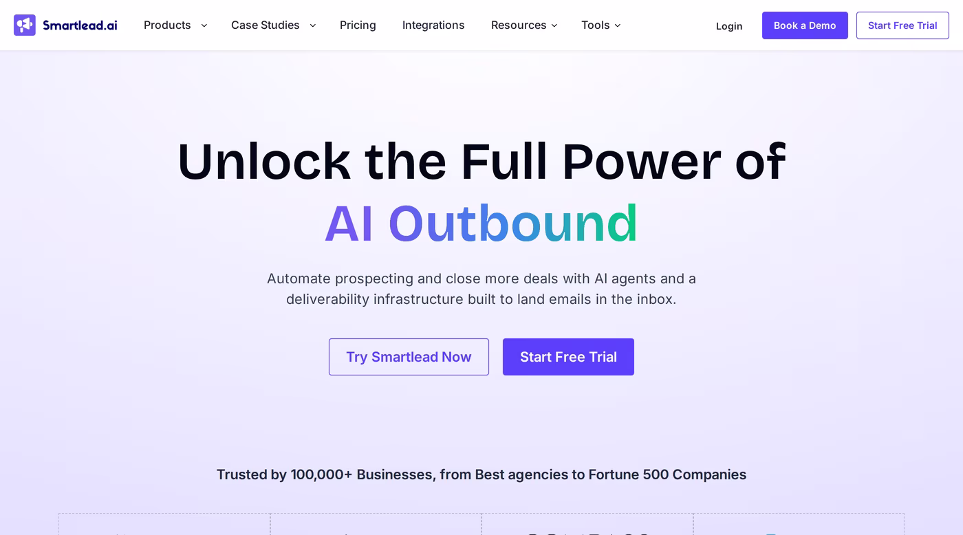 Smartlead.ai homepage hero showing AI outbound and deliverability messaging