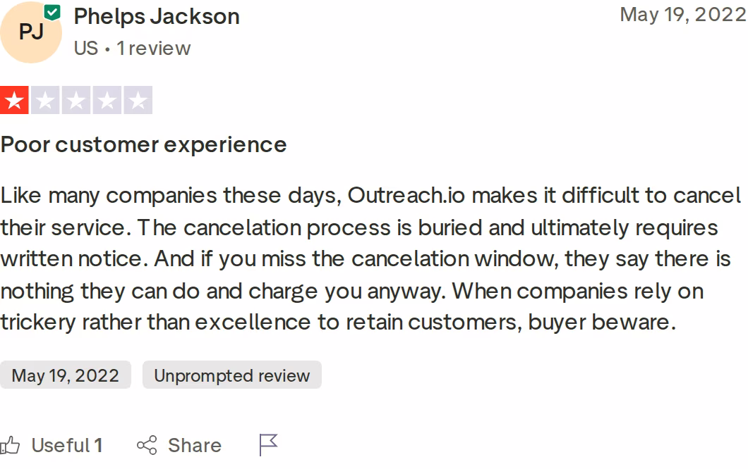 Outreach.io 1-star Trustpilot review by Phelps Jackson about a difficult cancelation process