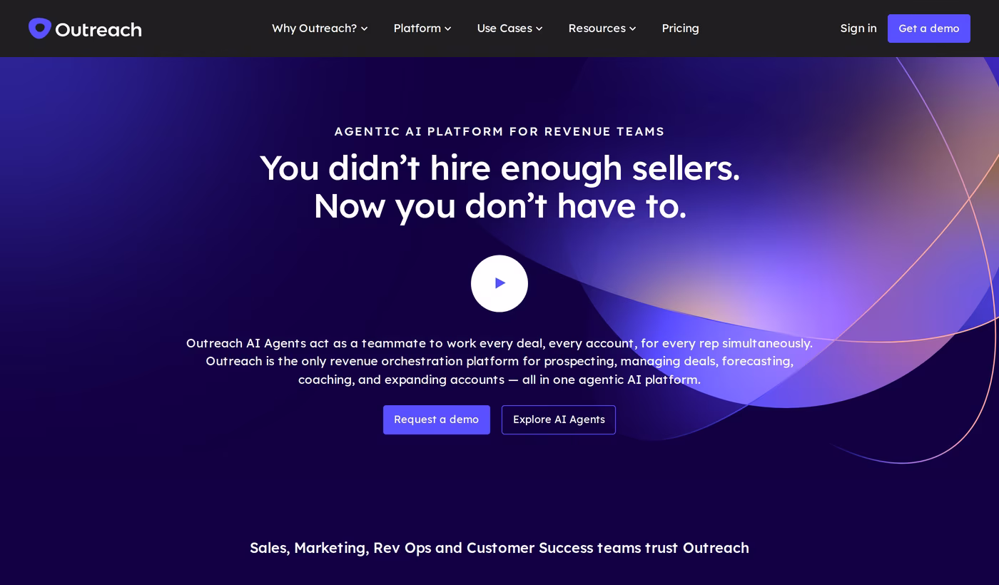 Outreach.io homepage hero describing an agentic AI platform for revenue teams