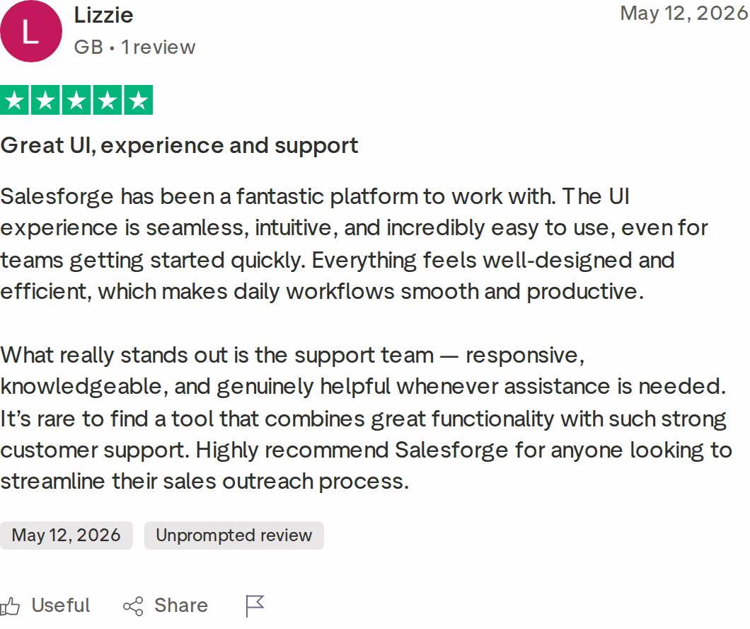 Salesforge 5-star Trustpilot review praising the UI, ease of use, and support team