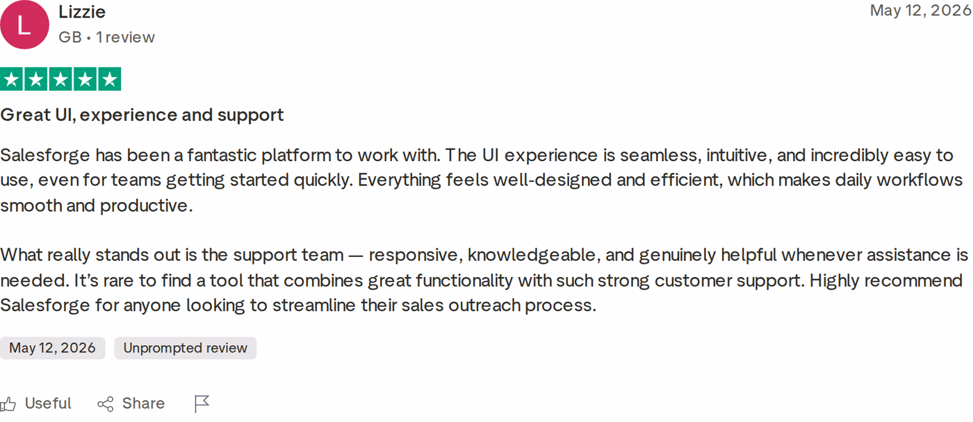 Five-star Trustpilot review praising Salesforge UI, ease of use, and support