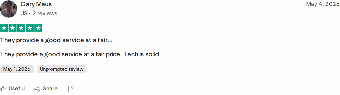 Five-star Trustpilot review of Salesforge citing good service, fair price, and solid tech