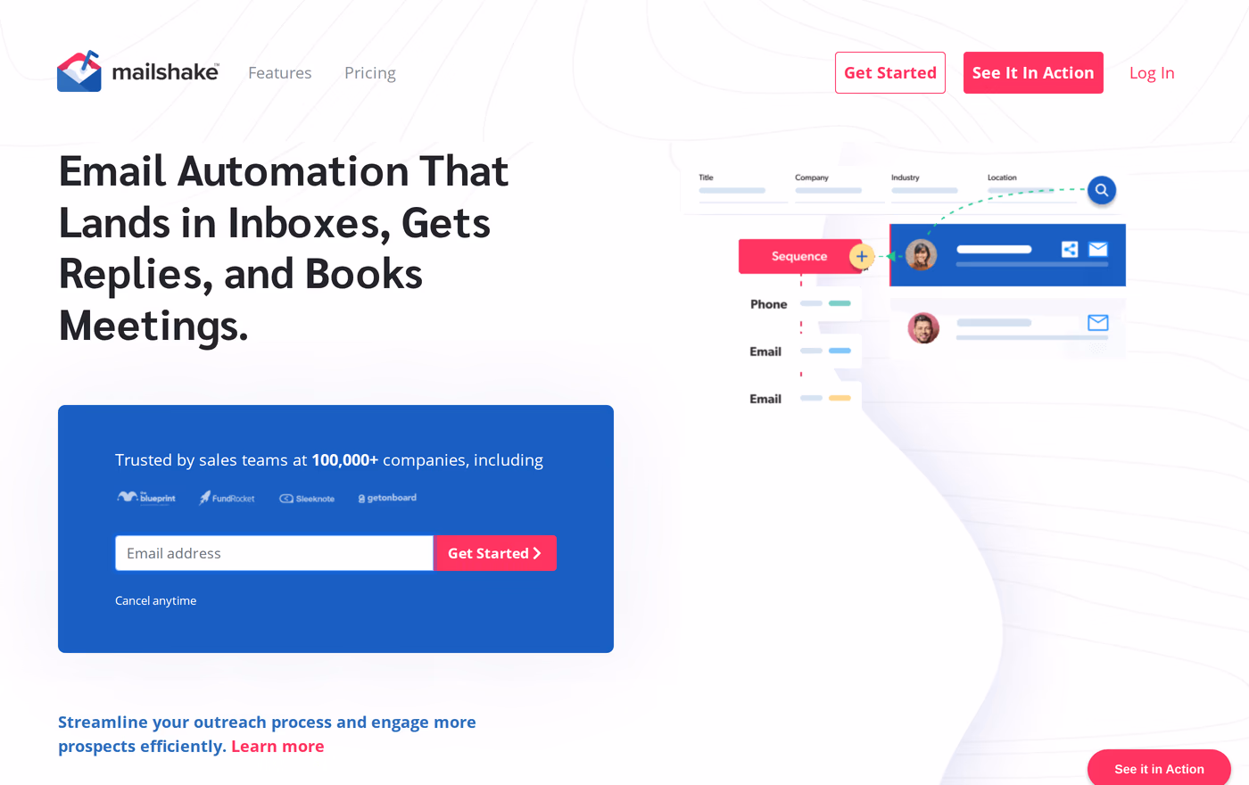 Mailshake homepage showing email automation across sequence, phone, and email steps