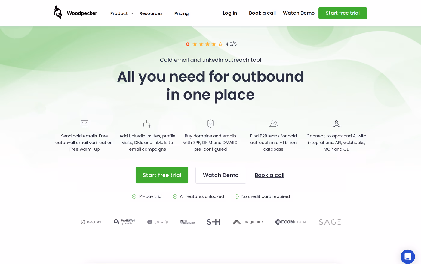 Woodpecker homepage describing a cold email and LinkedIn outreach tool