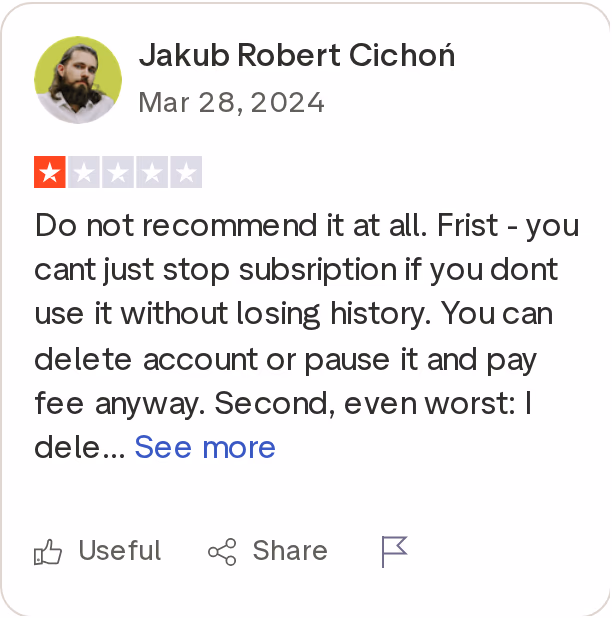 One-star Trustpilot review of Woodpecker about being unable to stop a subscription without losing history